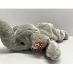 VNTG Elephant Plush Beanie Buddies "Righty" Ty Flag Buddy Tags Grey Soft NWT 14"