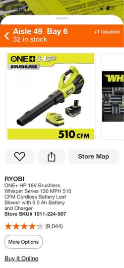 RYOBI ONE+ HP 18V Brushless Whisper Series 130 MPH 510 CFM Cordless Battery Leaf Blower with 6.0 Ah Battery and Charger