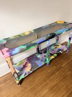 Tie-dye painted console table with glass top