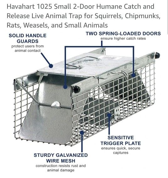 Havahart 1025 Small 2-Door Humane Catch and Release Live Animal Trap for Squirrels, Chipmunks, Rats, Weasels, and Small Animals