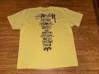 STUSSY World Tour Short Sleeve Tee White 2 Sided Yellow Graphics Size XL.