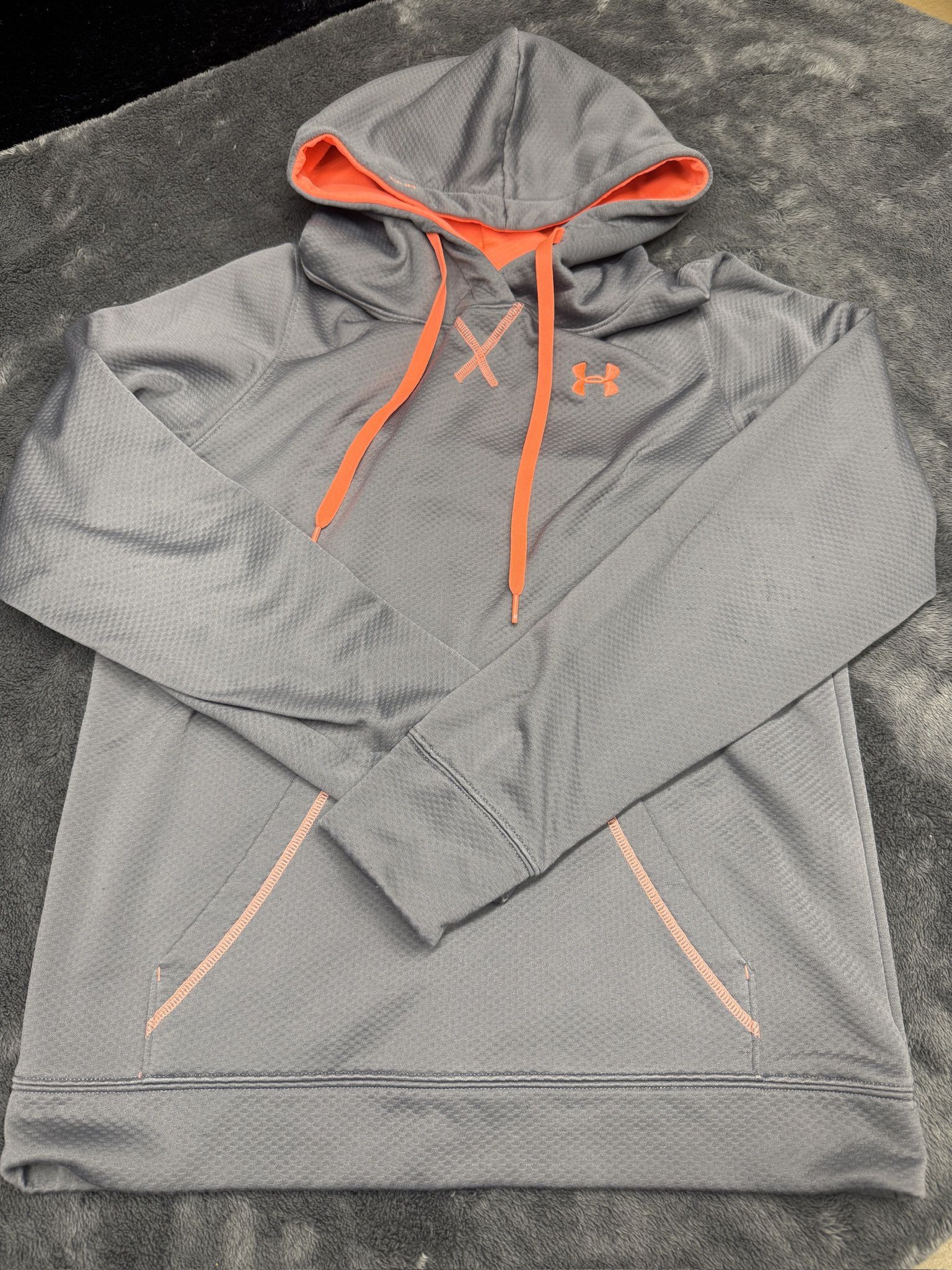 Grey and Orange Under Armour Women’s Medium hoodie in great shape! #activewear  grey, orange accents, activewear, athletic hoodie, performance fabric,