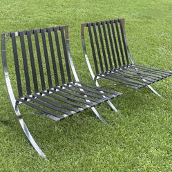 Pair Of Modern Striped Lounge Barcelona Style Chairs