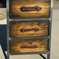 Industrial Rustic Wood & Metal 3-Drawer Nightstand – Leather Handles – Farmhouse Style