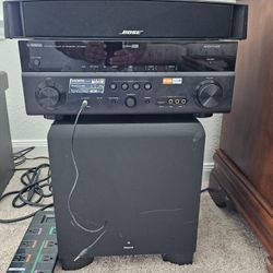 Yamaha Reciever / Tuner, 1,000 watts. Bose center speaker and Klipsch subwoofer 75 watts. Monster Power strip w surge protection w dedicated power slo