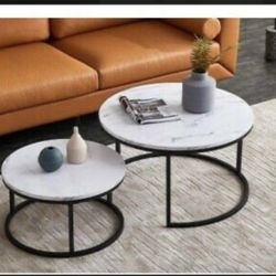 Brand NEW! Coffee Tables - Small Round Set of 2, Modern Nesting Coffee Solid Wood Grain Table Top, In The Box!!