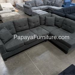 New! 97”L Grey Sectional Sofa With Tufted Buttons, Sofa, Sectional, Ash Grey Sectional, Small Living Room Sectional, Apartment Sofa, Couch, Sectionals