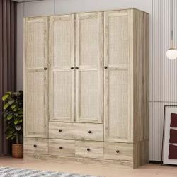Rattan Armoire Wardrobe Closet with 7 Shelves