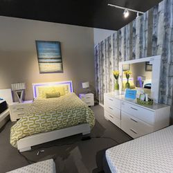 White Queen Bed, Dresser, Mirror And One Nightstand