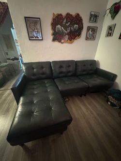 Leather Sectional L Shaped Couch Dark Blue