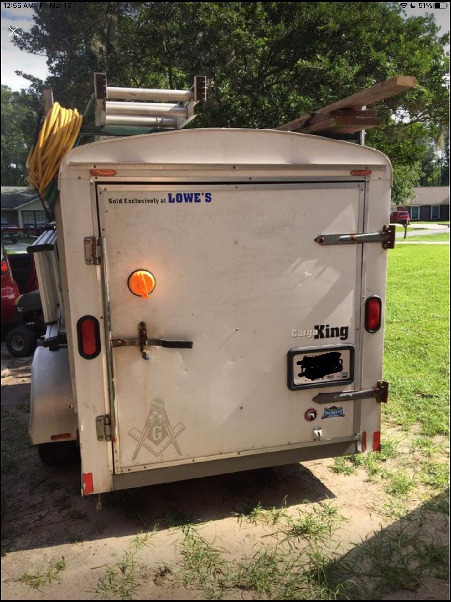 Covered Utility Trailer.  5x8   With Ladder Rack On Each Side   Lights Inside. Plug In I Side  A Couple Shelves Inside 