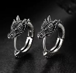 Stylish Black Stainless Steel Chinese Dragon Hoop Earrings