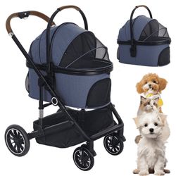  3-in-1 Pet Stroller for Dog, Folding Cat and Dog Stroller with Detachable Cradle, Blue