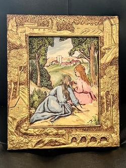 Vintage 4D Artini Sculptured Engraving Hand Painted Signed Twin Etched 2 Girls Meadow