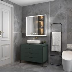 E837 $300  Glare 36-in x 32-in Lighted LED Fog Free Surface/Recessed Mount Moonlit Silver Mirrored Rectangle Soft Close Medicine Cabinet with Outlet  