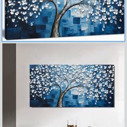 🔥Brand new🔥 Blue Tree of Life Wall Art for Bedroom White Flower Tree Large Artwork for Living Room Office Kitchen Modern Aesthetic Pictures Canvas P