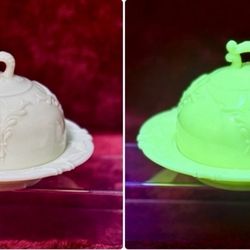 Antique Northwood Chrysanthemum Sprig Custard Glass Covered Butter Dish Uranium