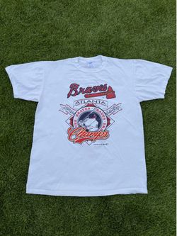 1992 Atlanta Braves NL Champions white cotton t-shirt with red and blue Braves logo and 'Champs' text, size L