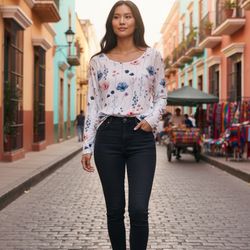 Wiholl Women’s White Floral Long Sleeve Blouse Size XL Casual Stretch Top