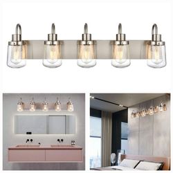 019y: (D4) NEW Modern Bathroom Vanity Light 5-Lights Lamp in Satin Nickel,Farmhouse Wall Light Fixture with Clear Glass Shades, Indoor Wall Lamp