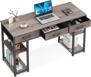 Small Computer Desk: Home Table with Fabric Drawers & Storage Shelves, Modern Writing Desk, Grey Oak, 48"x16"