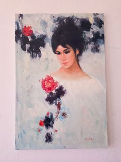 Vintage Signed Woman with Rose Acrylic Painting – 24" x 36"