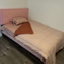 Pink Upholstered Twin Bed Frame – Mattress Included