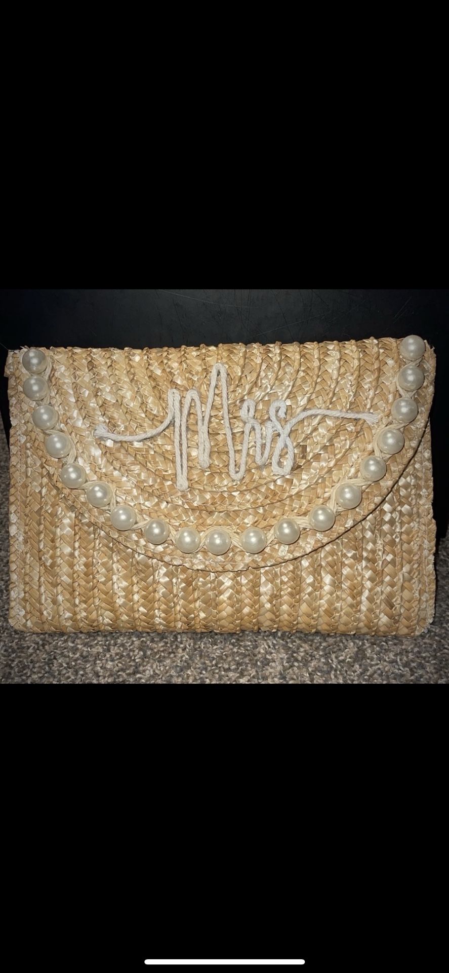 Bride “Mrs” Straw Clutch with Pearl Accents