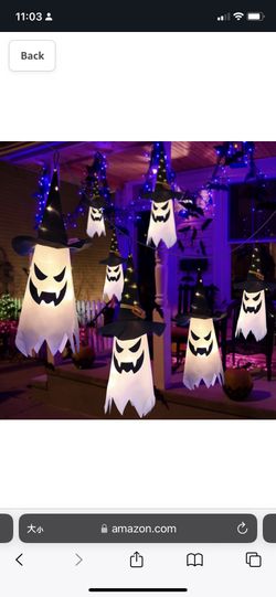 Halloween Decorations, Outdoor Decor Hanging Lighted Glowing Ghost with Witch Hat, 3 PCS Halloween Outdoor Indoor Wind Sock Ornaments for Yard Tree Ga