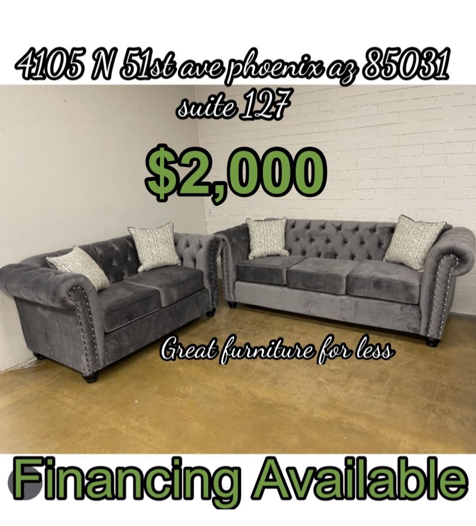 2 PCs Sofa And Loveseat Grey Velvet Brand New