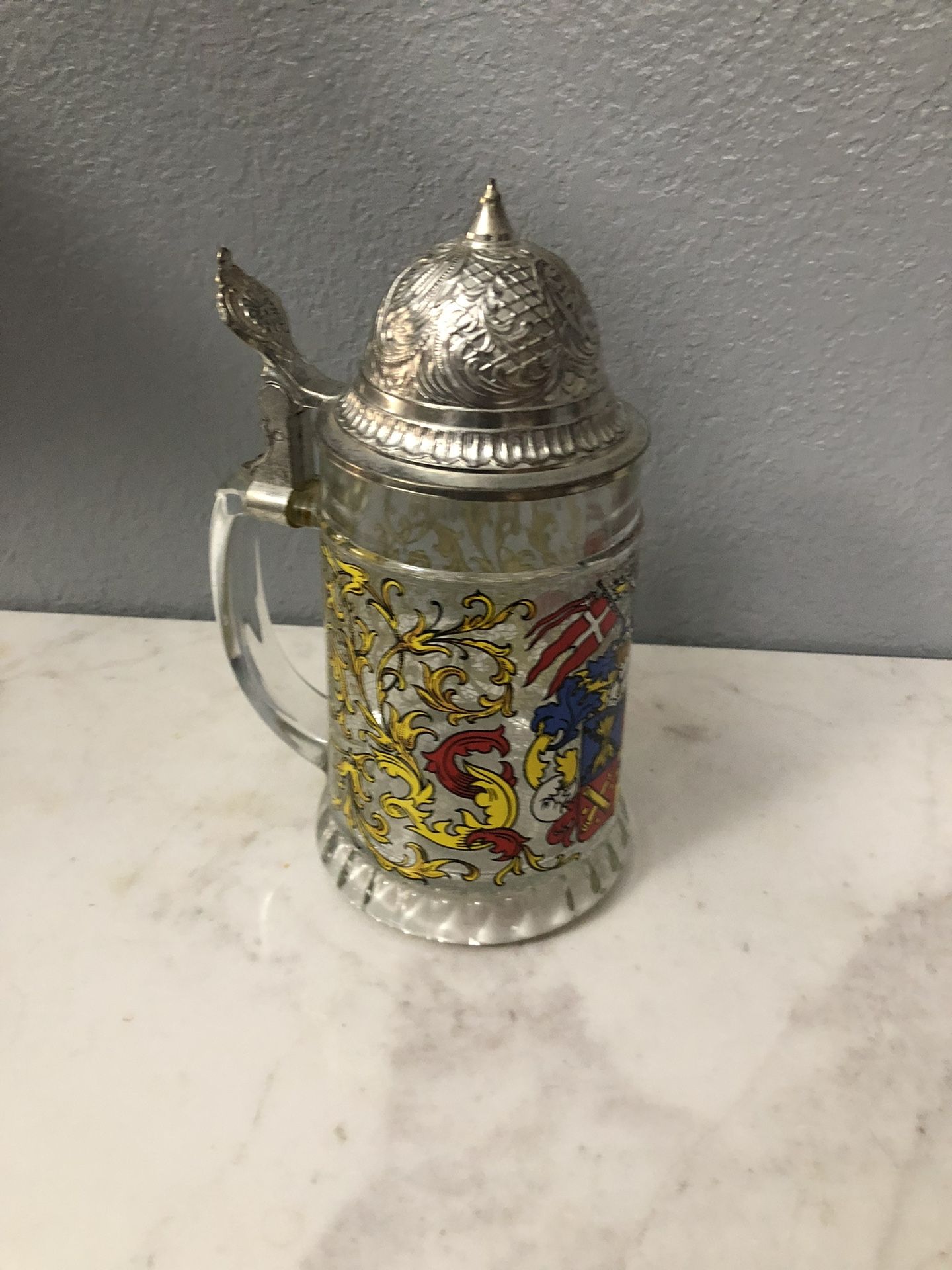 Etched Glass Beer Stein Coat Of Arms 14 Ounces.  Germany With A pewter Lid