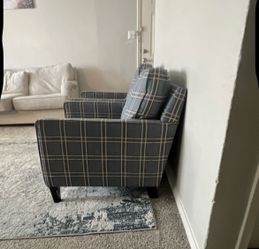 Ashley Furniture Set of 2 Gray Plaid Cotton Upholstered Track Armchairs