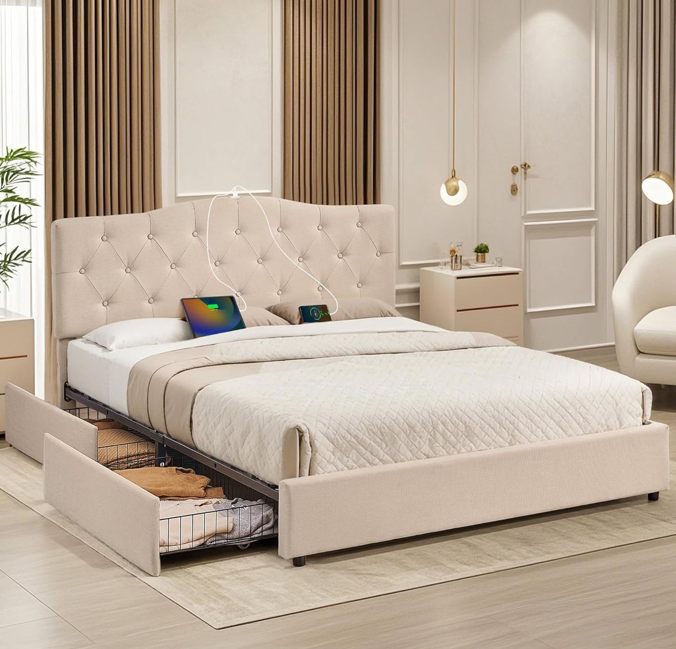 VECELO Queen Size Platform Bed Frame with 4 Storage Drawers,Fabric Upholstered Headboard and Wooden Slats Support,Built-in USB and Type C Ports, No Bo