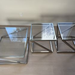 Glass and Stainless Steel Coffee Table and Side Tables