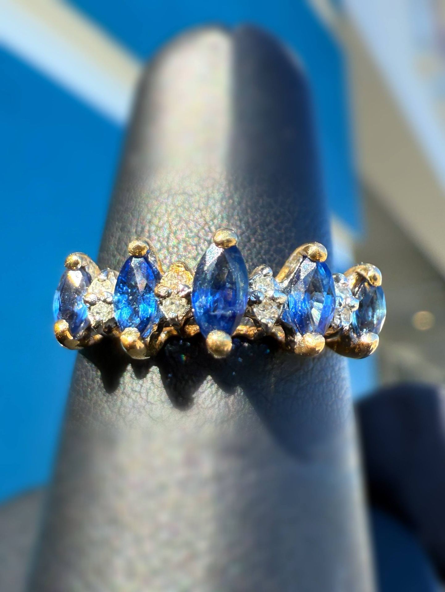 14k solid yellow gold Natural 0.5CTW Blue Sapphire 0.1CTW Diamond Ring Marquise & round cut sz6.5