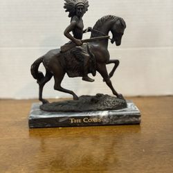 “Indian Chief On Horse” Bronze Statue Mounted On A Marble Base Native American Warrior On Horseback 