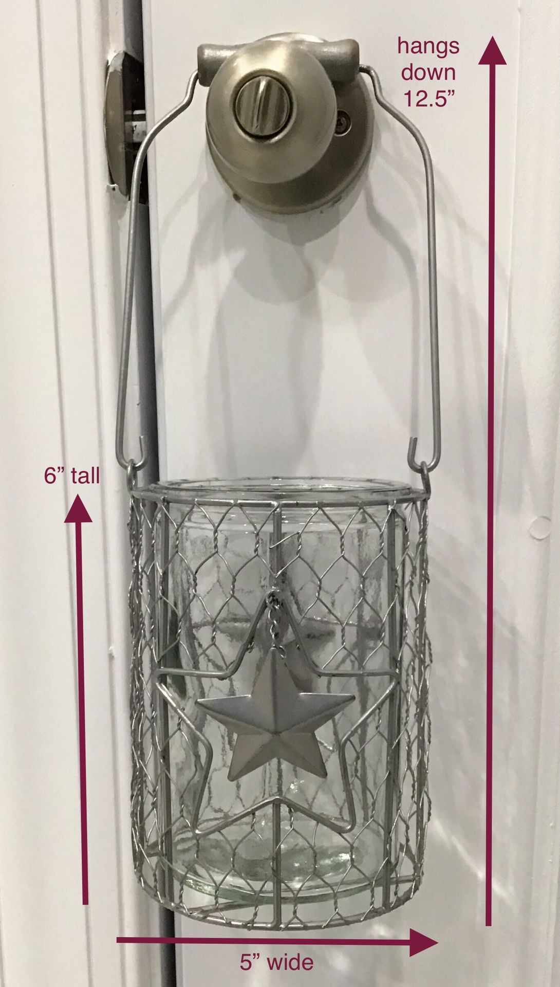 Thick Glass Jar in a Gray Metal Hanger with Star Accents & Handle