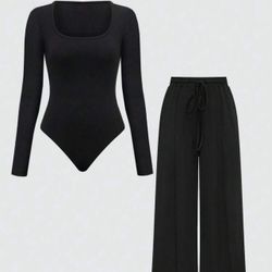 2pcs/Set Women Casual Solid Color Round Neck Long Sleeve Jumpsuit Top And Pants
