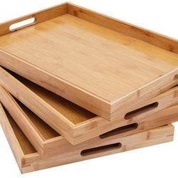 4 Pack Bamboo Serving Tray with Handles Kitchen Large Food Bamboo Tray Couch Tray Tea Decorative Serving Pallet for Dinner, Breakfast, Table Snack, 18