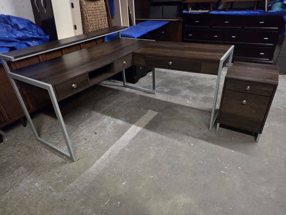 Brown Rustic L Shaped Computer Desk with File Cabinet