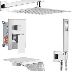 Shower System with Tub Spout,Bathtub Shower Faucet Set with Square Rainfall Head and Handheld Sprayer Wall Mount Tub Faucet Set with Valve and Trim Ki