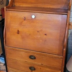 Vintage Fold Down Pine Desk With Drawers.