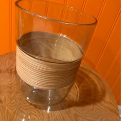 POTTERY BARN BAMBOO ACCENT GLASS HURRICANE CANDLE HOLDER $90 RETAIL