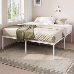 King Size Bed Frame, 18 Inch Metal Beds with Storage Space, White Heavy-Duty Metal Platform Beds, Large Under-Bed Storage Space, No Box Spring Needed,