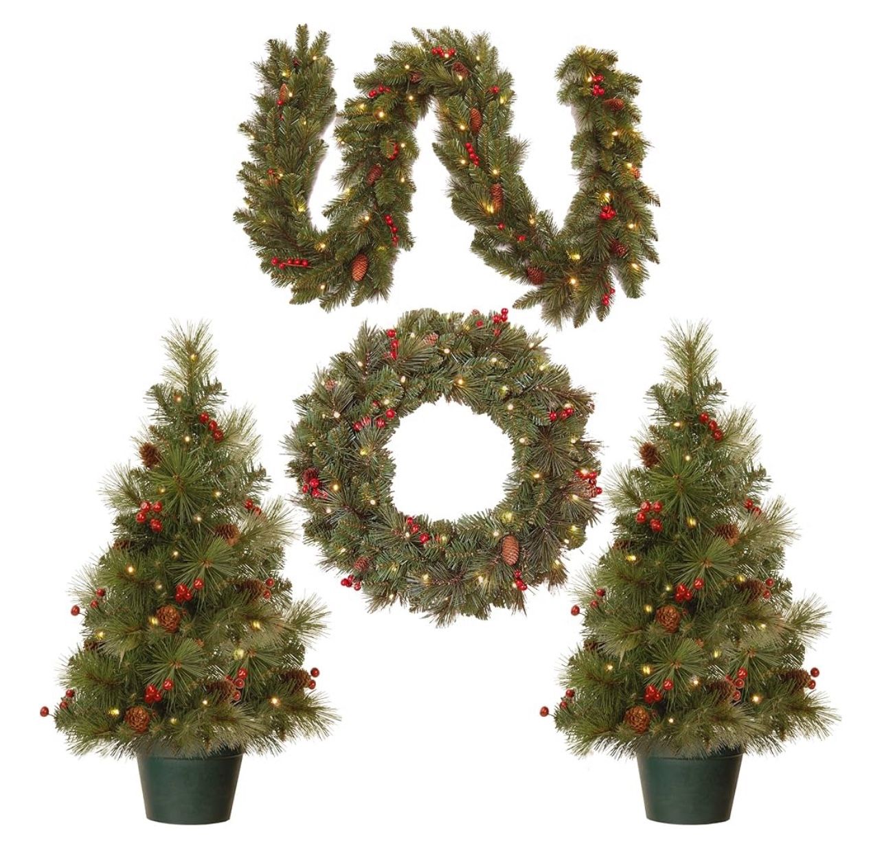National Tree Company National Pre-lit White LED Lights Holiday Christmas 4-Piece Set | Garland, Wreath and Set of 2 Entrance Trees, No Size, Green
