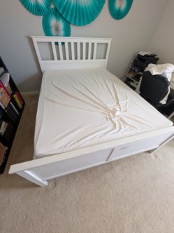 White Wood Bed Frame with mattress
