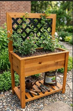 Premium Cedar Raised Garden Bed w/ Trellis & Storage (36"x16"x54")