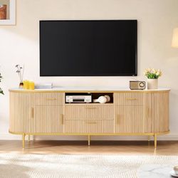 70 Inch Fluted TV Stand, Modern Entertainment Center for 65/75/80 Inch TVs, TV Console with Storage and Silver Side Door, Media Console for Living Roo