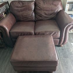 Leather Loveseat + Ottoman