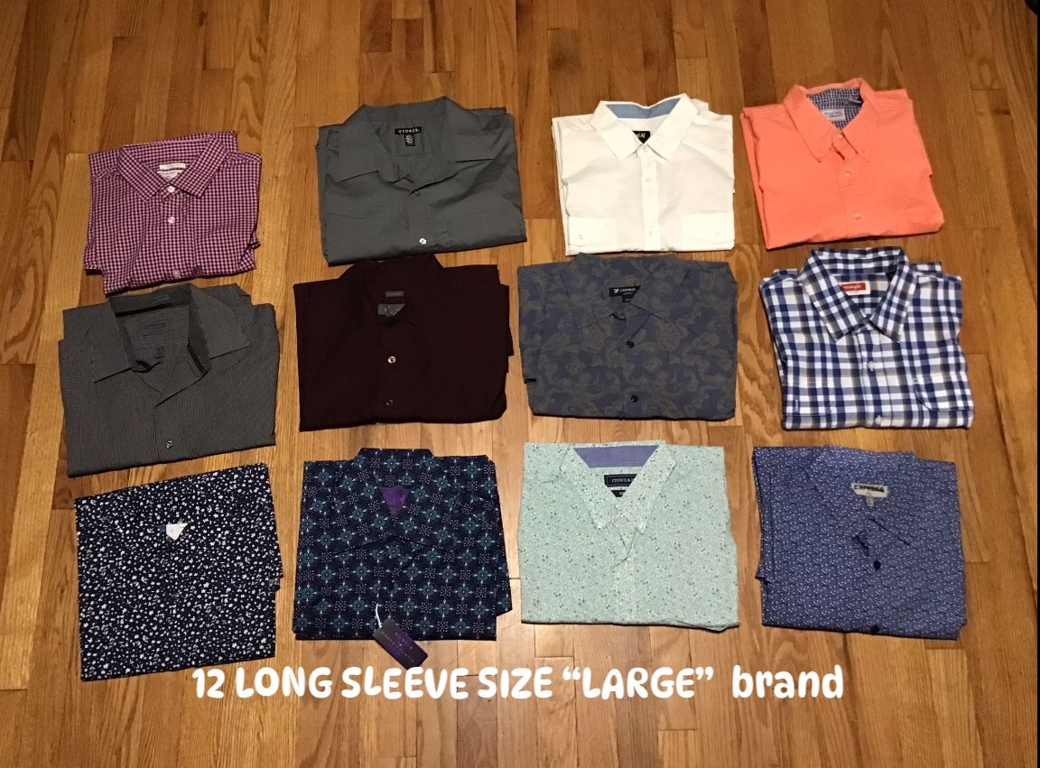 34 MENS SHIRTS LONG SLEEVE & SHORT SLEEVE SIZE LARGE ALL FOR $170 Branded EXECELLET CONDITION